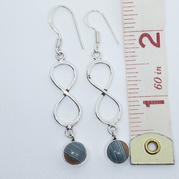 Sterling Silver Mosaic Jasper Dangle Earrings 2.5” Handmade Artisan - Picture 4 of 7